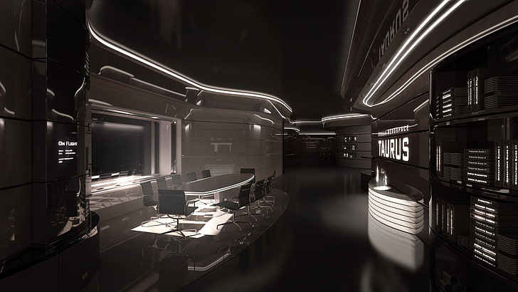 black and white building interior, futuristic, modern, video games
