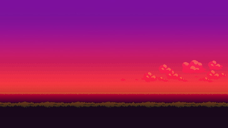 red and purple sky illustration, sunset, 16-bit, pixel art, landscape