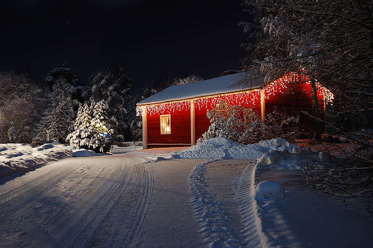red wooden tool shed, winter, road, forest, snow, trees, nature, HD wallpaper