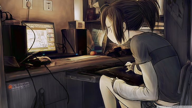 black-haired woman using computer illustration, artwork, anime girls, HD wallpaper