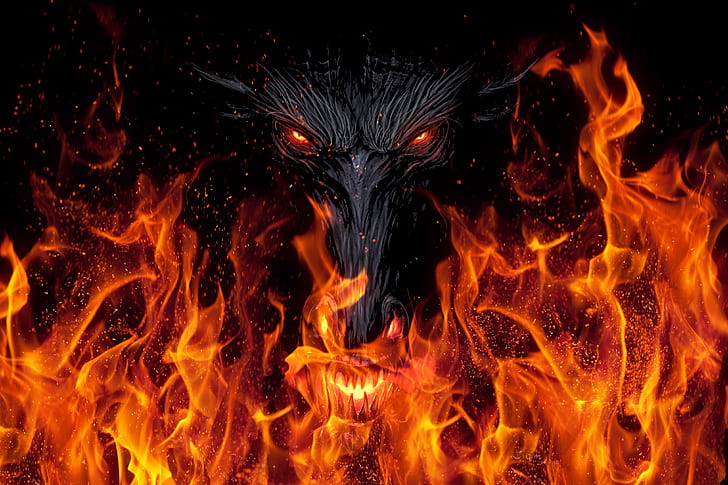 Devil, demon, fire, fantasy art, dragon, HD wallpaper