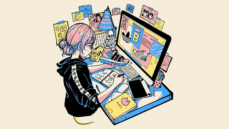 anime, manga, anime girls, computer, designer, Photoshop, simple background