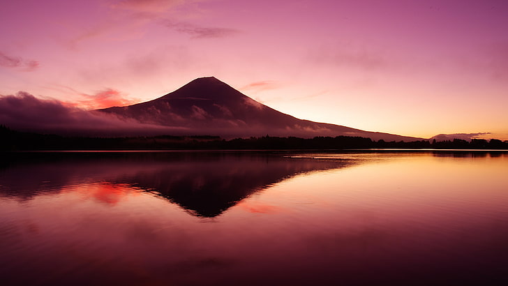 lake tanuki, mount fuji, purple sky, purple landscape, mt fuji, HD wallpaper