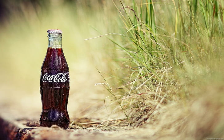 Coca Cola bottle in field, clear glass coca cola bottle, brand