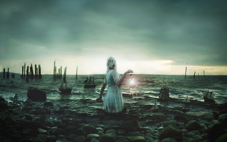 women, fantasy girl, lantern, sky, sea, water, model, cloud - sky