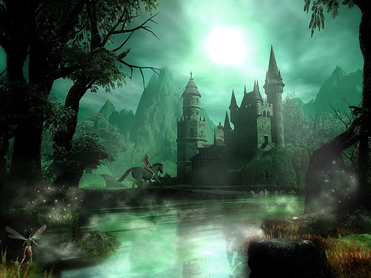 grey castle, concept art, artwork, tree, water, place of worship, HD wallpaper