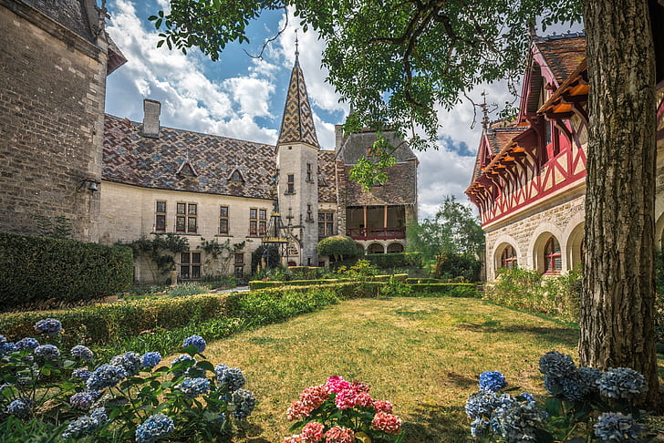 flowers, castle, France, garden, hydrangea, Burgundy, Château de La Rochepot, HD wallpaper
