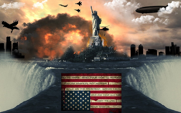 Statue of Liberty, American flag, explosion, sky, water, architecture