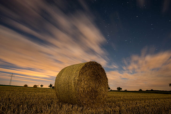 brown roll hays, summer nights, stars, nature, stroh, straw, ball, HD wallpaper