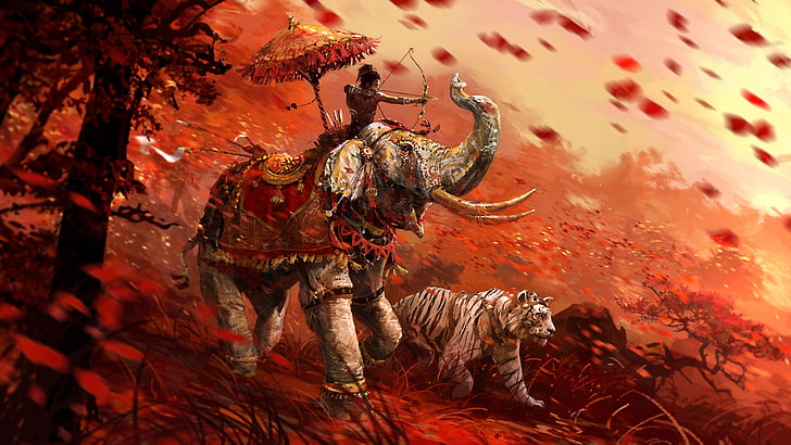 person riding elephant beside albino tiger wallpaper, Far Cry 4, HD wallpaper