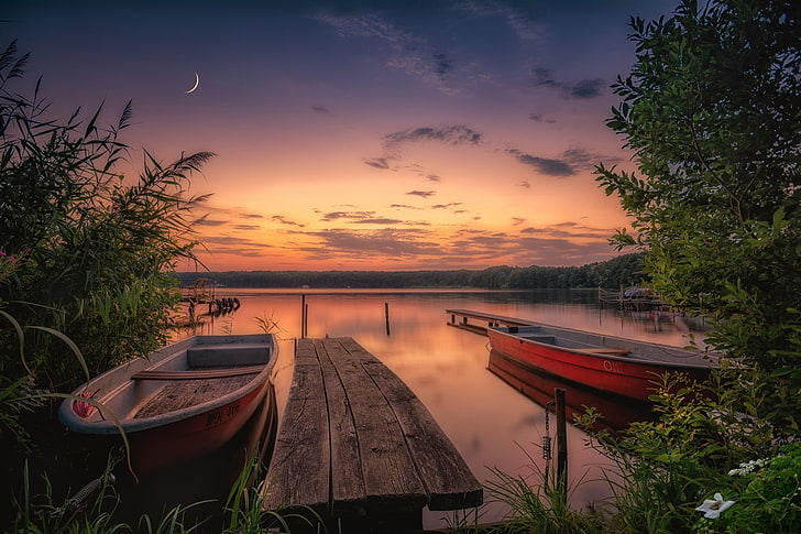sunset, lake, England, boats, North Yorkshire, Yorkshire Dales, HD wallpaper