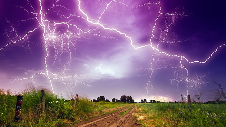 lightning, stormy, bad weather, night lights, field, pathway, HD wallpaper