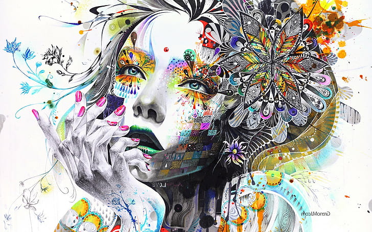 artwork hand face colorful women surreal mosaic painting anime paint splatter minjae lee, HD wallpaper