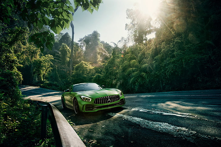 car, Mercedes-Benz, green cars, road, trees, landscape, front angle view, HD wallpaper