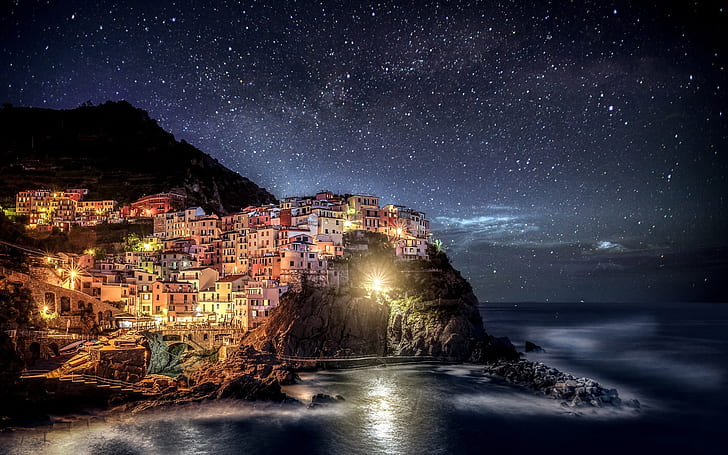 Italy, Liguria, Manarola, Cinque Terre, night lights, house, coast, concrete houses on cliff painting