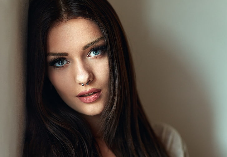 brunette, closeup, face, Milan R, Nose Rings, women, beauty, HD wallpaper