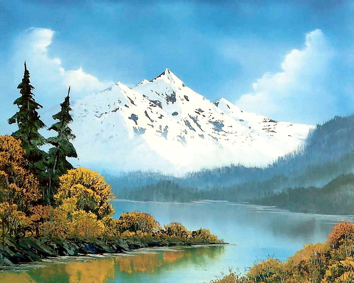 snowy mountain and lake, forest, the sky, water, clouds, trees
