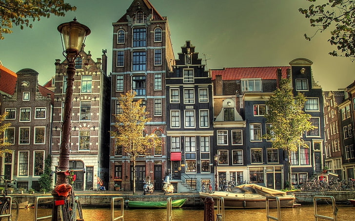 city buildings painting, amsterdam, netherlands, river, high-rise