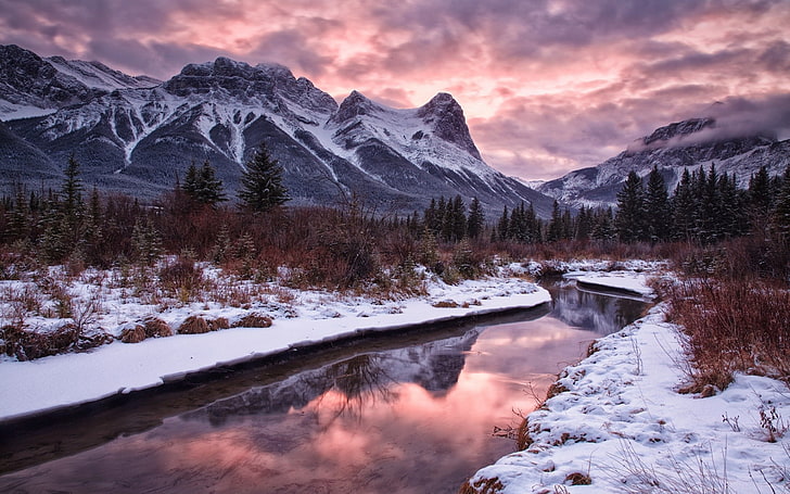 nature, landscape, snow, winter, river, mountains, trees, cold temperature, HD wallpaper