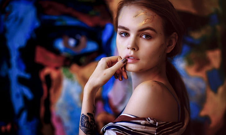 Anastasia Scheglova, women, model, face, portrait, finger on lips, HD wallpaper