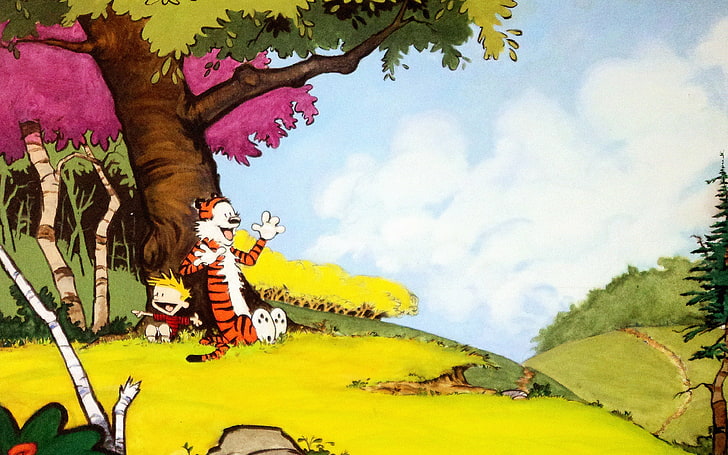 wallpaper, calvin, and, hobbes, after, nap, plant, sky, tree