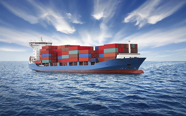 Container ship, sea, clouds, blue cargo ship, HD wallpaper