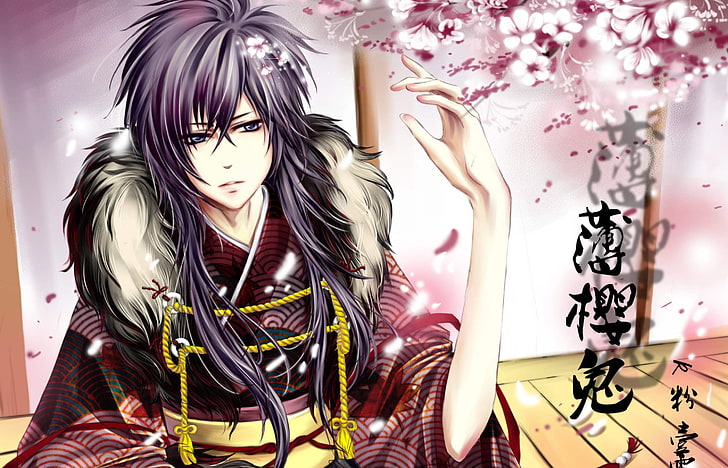 male anime character illustration, flowers, Sakura, samurai, characters