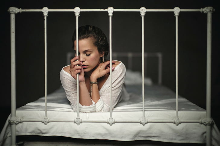 women, model, bed, young adult, sadness, one person, indoors