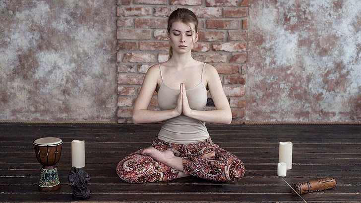 women's gray camisole, yoga, tank top, closed eyes, meditation