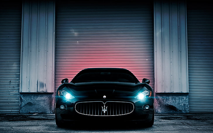 black Maserati Granturismo, lights, wall, car, land Vehicle, transportation, HD wallpaper