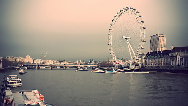 ferris wheel, pier, boat, water, urban, cityscape, London, London Eye