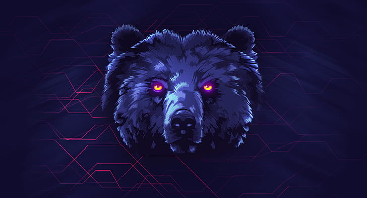 Bear, Background, Face, Neon, Animals, James White, Synth, Retrowave, HD wallpaper