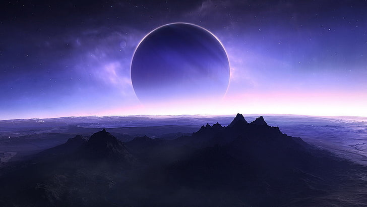 mountains and clouds, planet, solar eclipse, space art, digital art