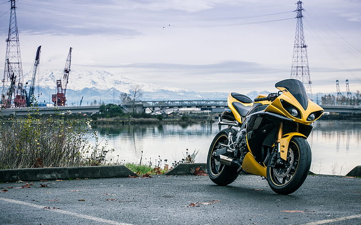 Yamaha YZF-R1 yellow color motorcycle at riverside, HD wallpaper