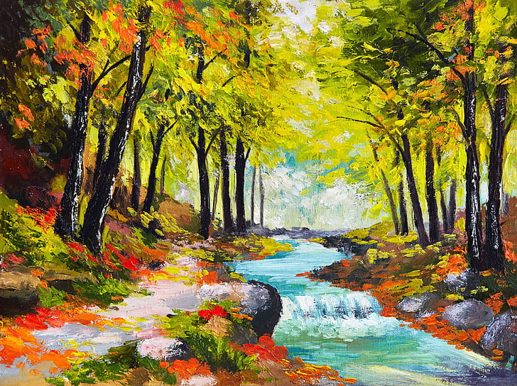 body of water between high trees painting, forest, river, seasons