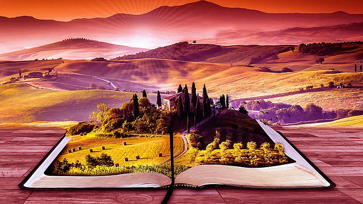 red, book, art, landscape, imagination, dreamland, HD wallpaper