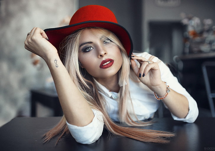 women, blonde, tattoo, hat, red lipstick, portrait, Alessandro Di Cicco, HD wallpaper