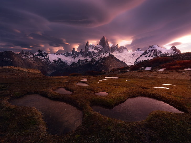 Fitz Roy, mountains, clouds, snowy peak, Patagonia, Chile, environment