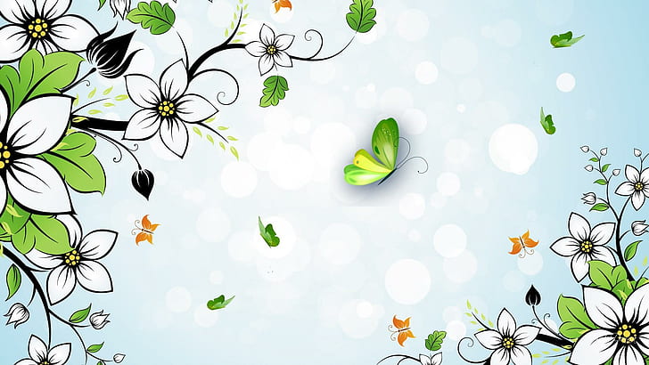 Summer White Flowers, papillon, fleurs, butterfly, spring, artistic