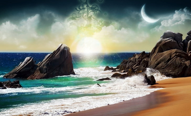 beach painting, landscape, sea, water, sky, beauty in nature, HD wallpaper