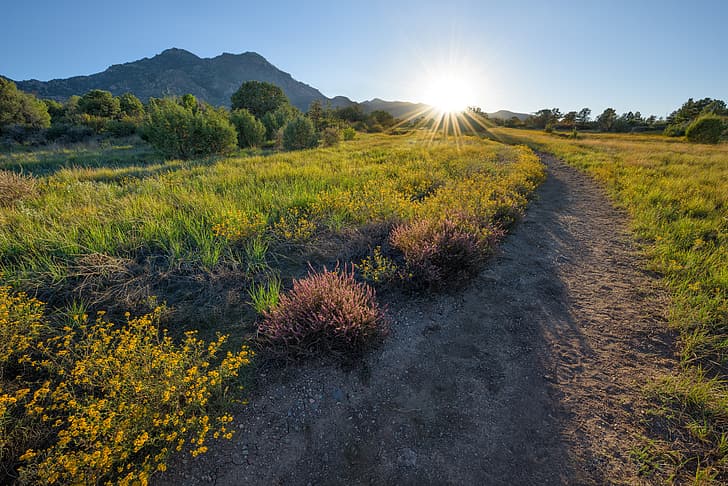 the sun, morning, AZ, USA, Arizona, Prescott, Granite Mountain, HD wallpaper
