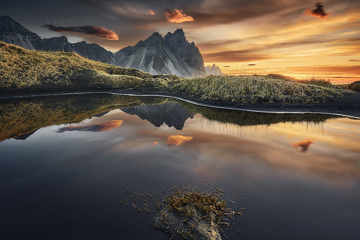 sunset, mountains, nature, lake, reflection, the evening, Vestrahorn, HD wallpaper