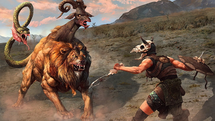 videogame screenshot, Chimera, fantasy art, creature, warrior