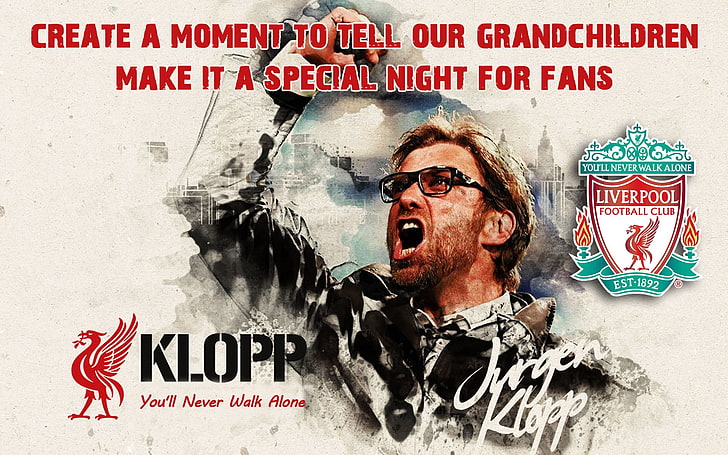Jurgen Klopp, Liverpool FC, YNWA, liverbird, text, LFC, glasses