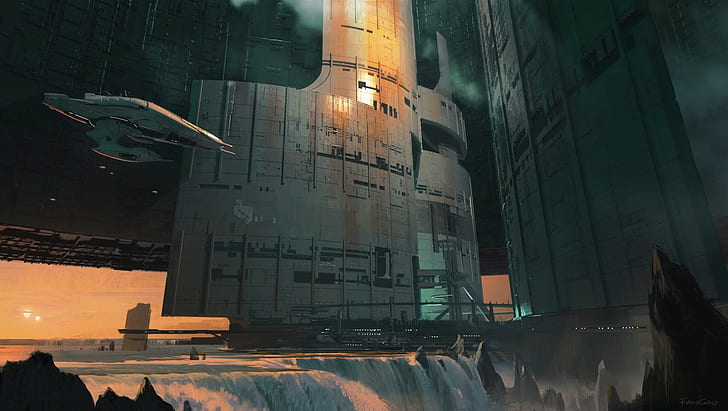gray space ship, science fiction, spaceship, waterfall, architecture