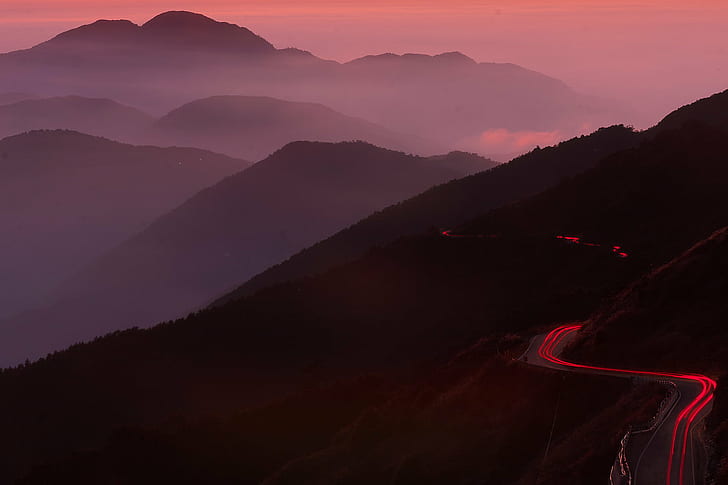 time-lapse photography of road beside mountains, hehuanshan, hehuanshan