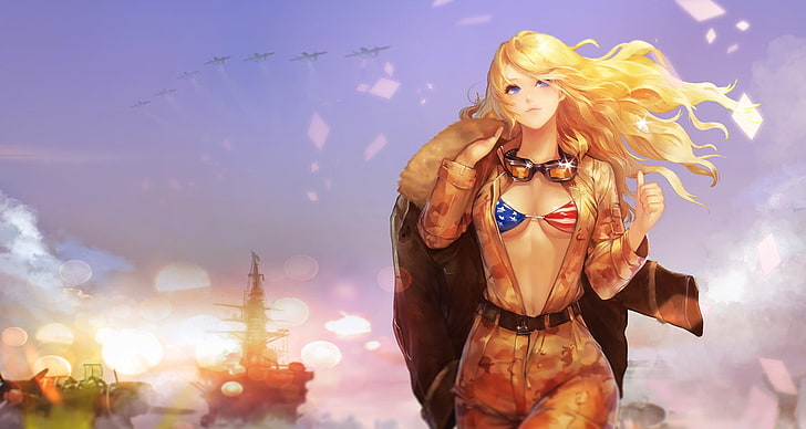 yellow-haired female character, blonde, airplane, ship, goggles