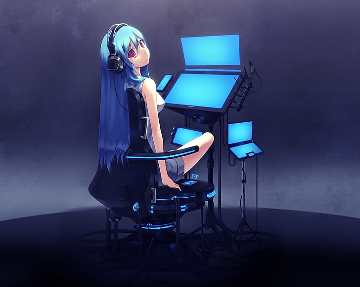 anime, anime girls, original characters, blue hair, headphones, HD wallpaper