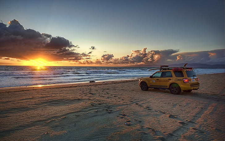 beach, sunset, sea, clouds, car, HD wallpaper