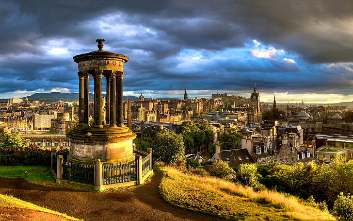 cityscape, Edinburgh, Scotland, clouds, sunlight, monuments, HD wallpaper